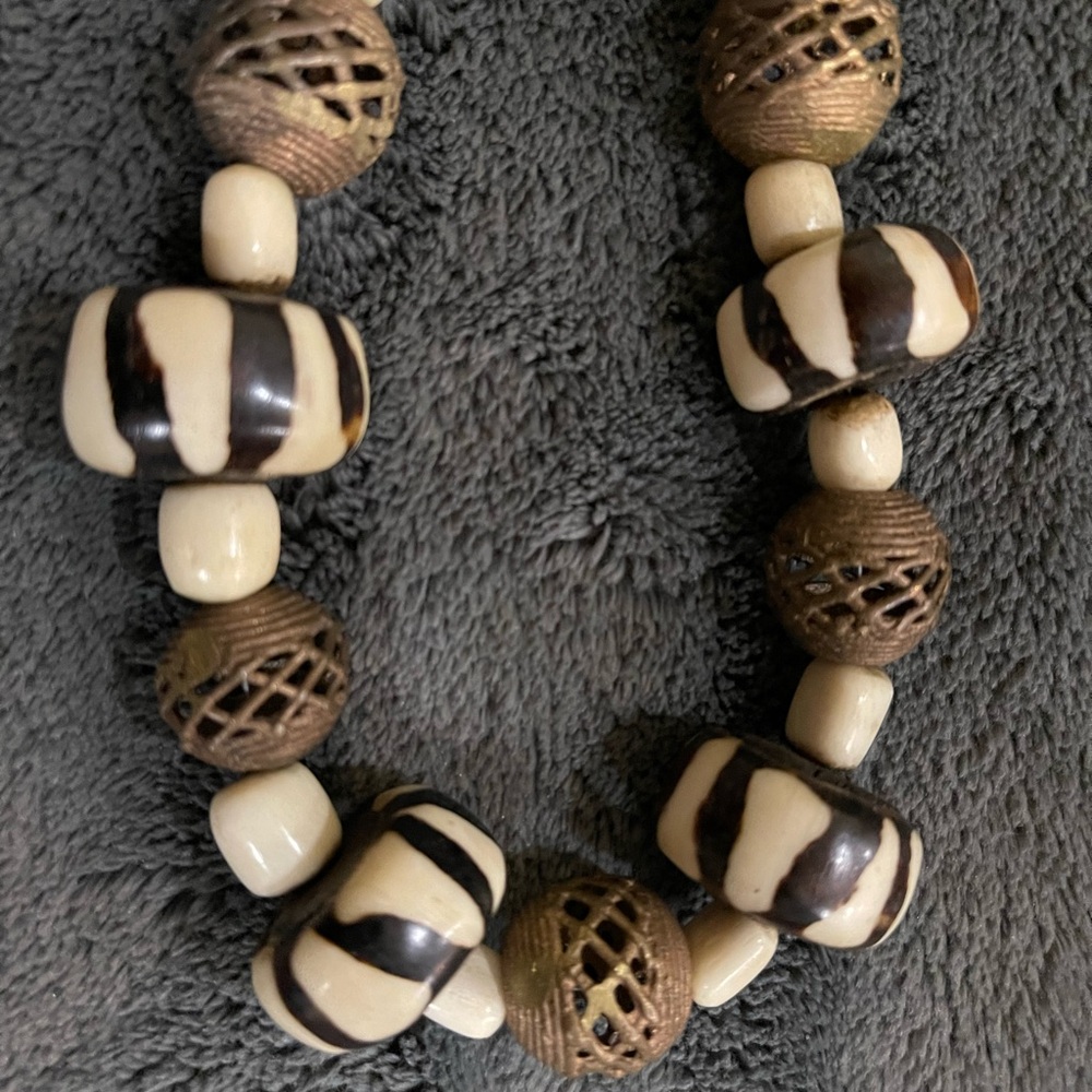 Vintage Estate Bone Animal Tribal Beads  
Striped Chunky Statement Necklace